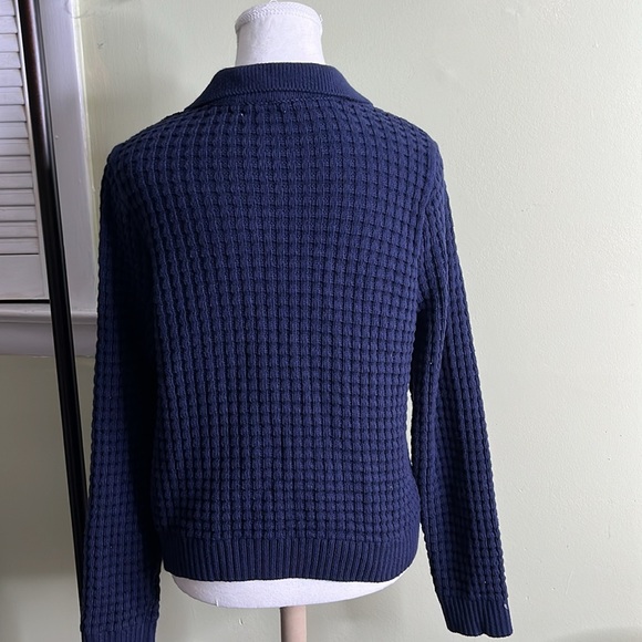 Onia chunky knit navy blue heavy Waffle Knit Shirt Polo Collar Sweater Comfy - Picture 14 of 17